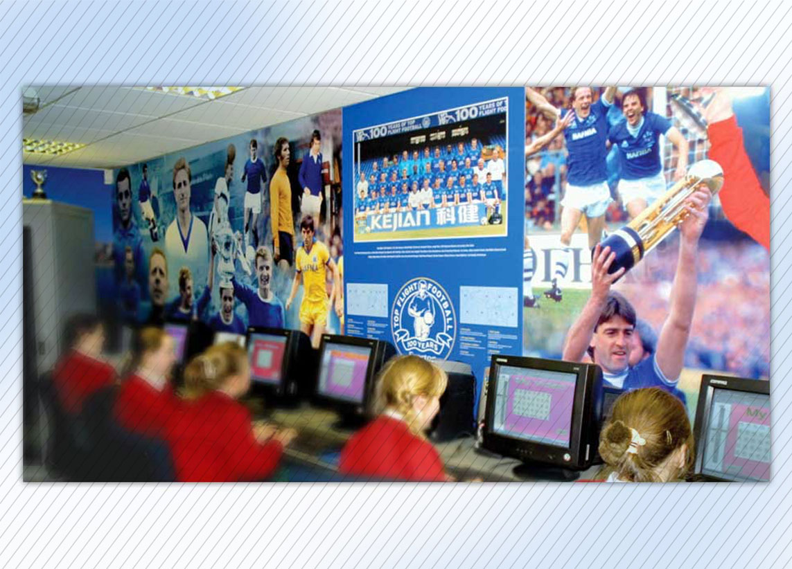 Everton FC Study Support Centre 'Extra Time' - classroom graphics for the centenary showing students using the room